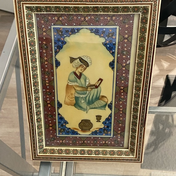 Vintage Persian Handmade Bone Brass Fine Art Natural Dye Small Painting Framed - Picture 6 of 8